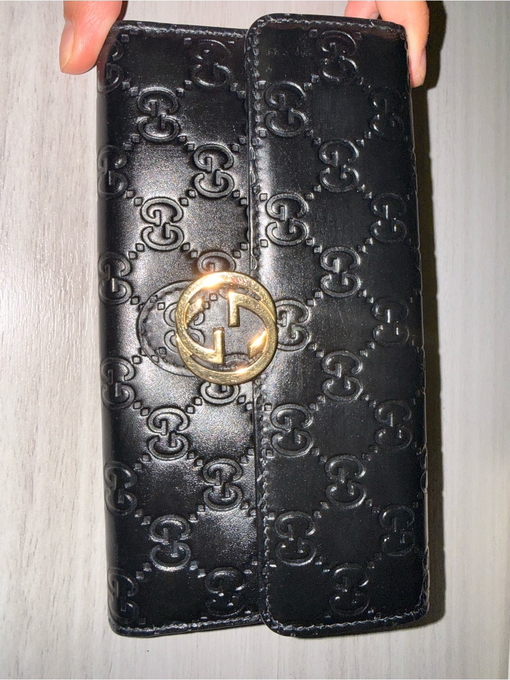Gucci Black Embossed Interlocking G Leather Continental Wallet with Gold GG